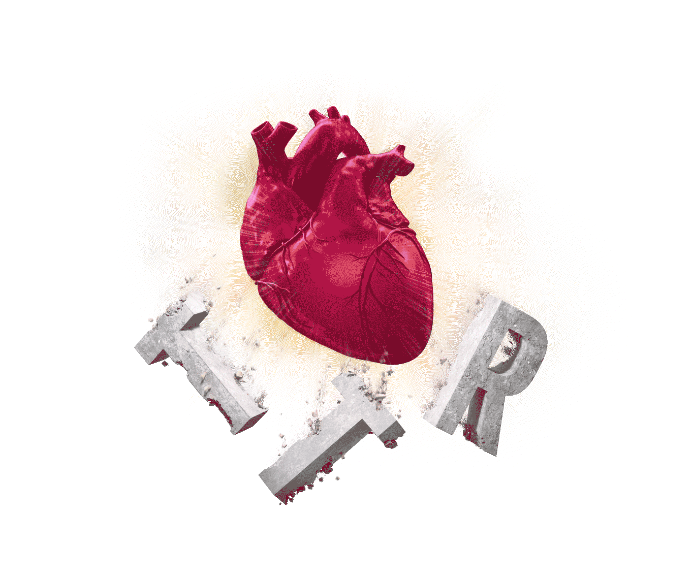 The letters TTR getting knocked down by a heart from the aura of AMVUTTRA